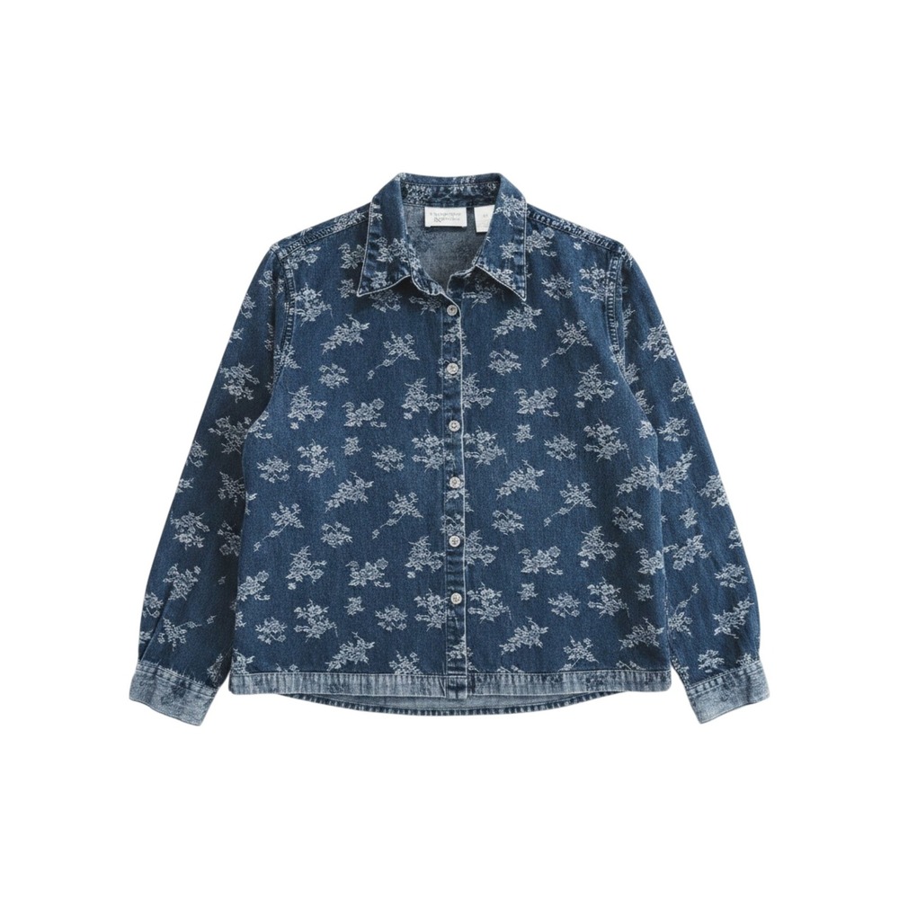 Vintage Y2K Christopher Banks Denim Shirt Womens L Blue Jean Floral Grandma Core